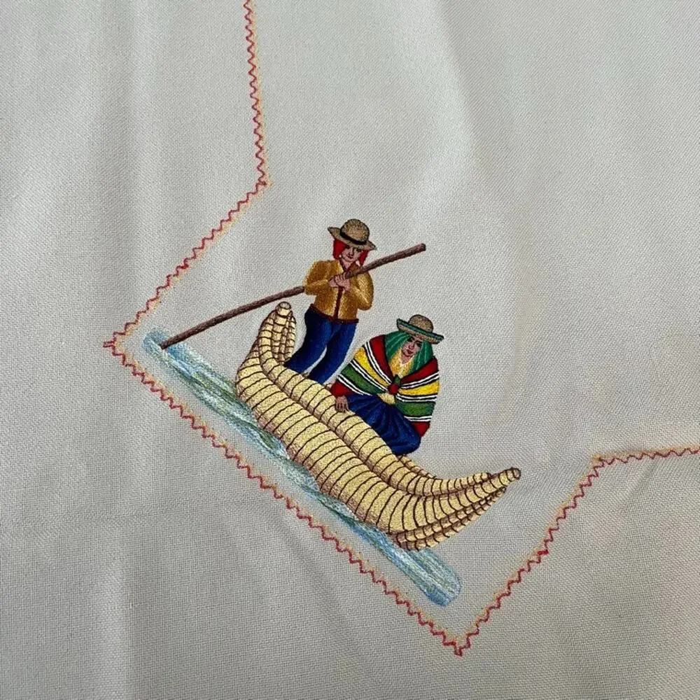 Vintage Hand-Embroidered Folk Figures & Motifs Taupe Cotton Tablecloth 52 x 70